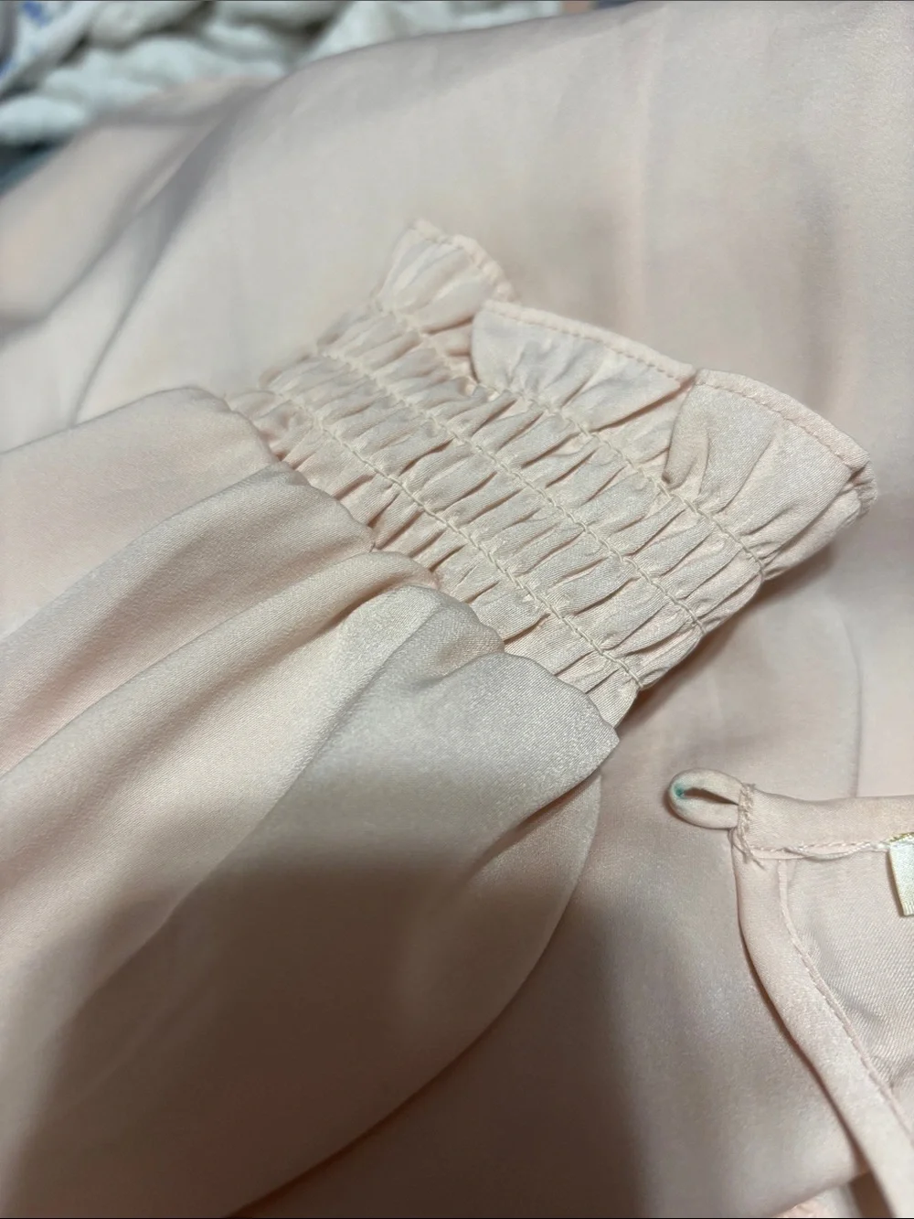 Smocked Yoke & cuffs Long-Sleeve Blouse in Soft Blush